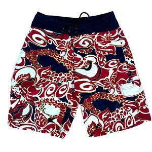O'Neill Mens Sz  28.5 Waist Red Black Hawaiian Tribal Pattern Drawstring Logo
